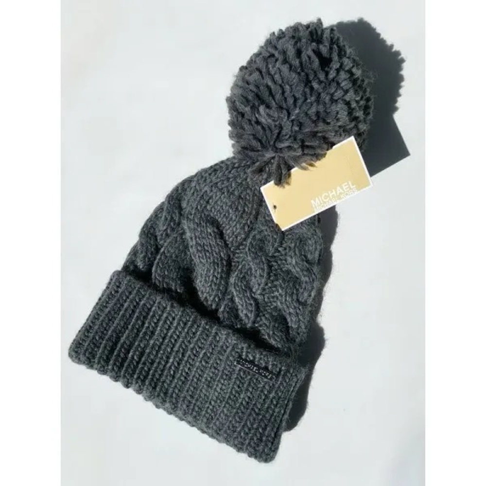 Michael Kors Ribbed & Braided Cable Knit Pom Pom Hat Dark Gray
